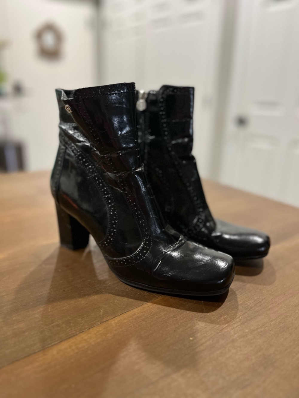 Etienne Aigner Black Patent Leather Mid-Heel Ankle Boots